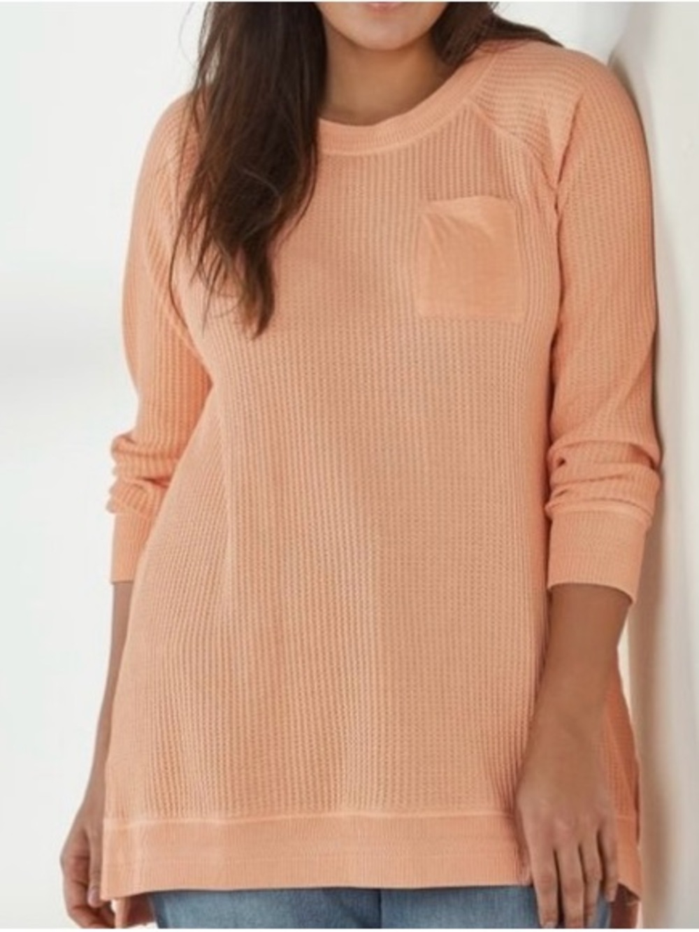 Soft Surroundings Cream Peach Waffle Knit Medium Raglan Long Sleeve Tunic Top